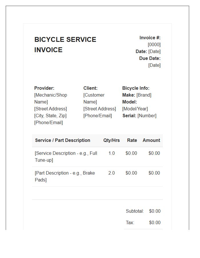 Professional Bicycle Mechanic Service Invoice Template