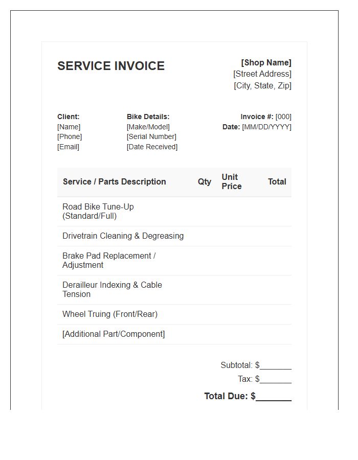 Road Bike Tune Up Service Invoice Template