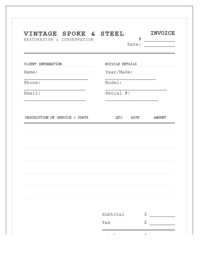 Vintage Bicycle Restoration Service Invoice Template