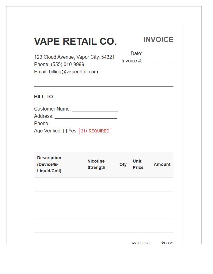 E-Cigarette Retailer Billing Invoice Template