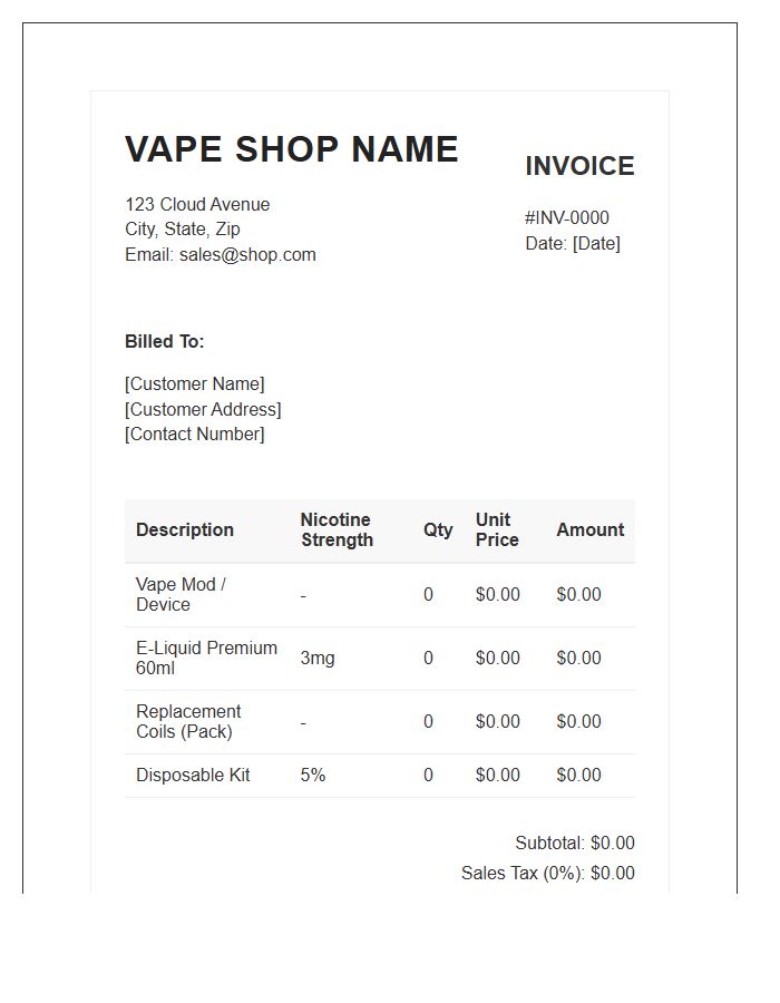 Electronic Cigarette Shop Invoice Template