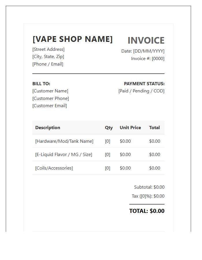 Professional Vape Shop Invoice Template