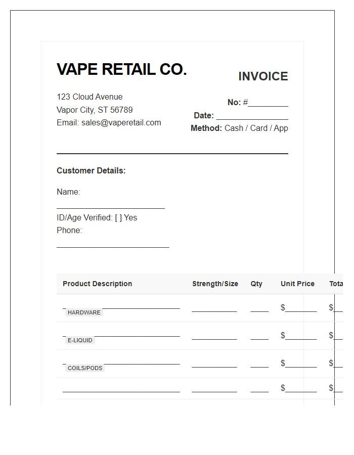 Specialized Vape Retail Invoice Template