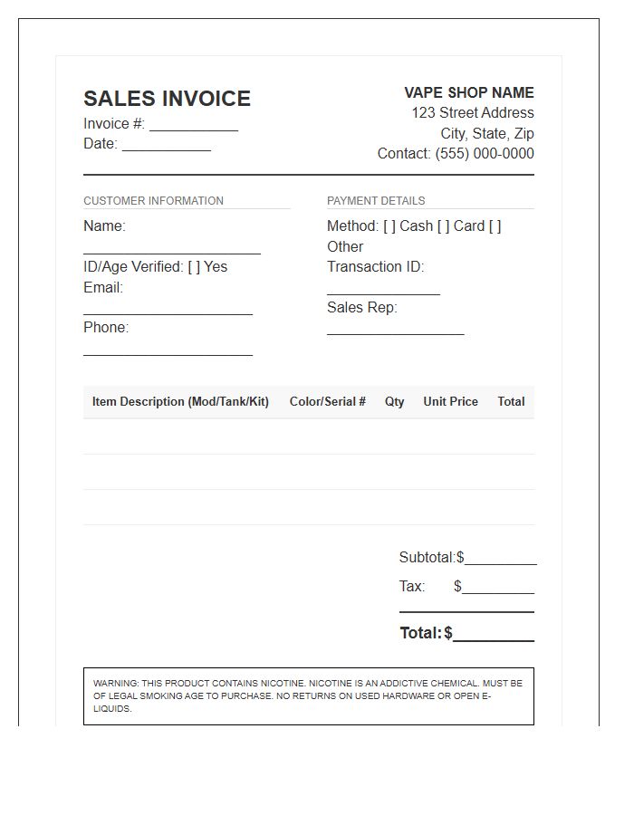Vape Mod Sales Invoice Template