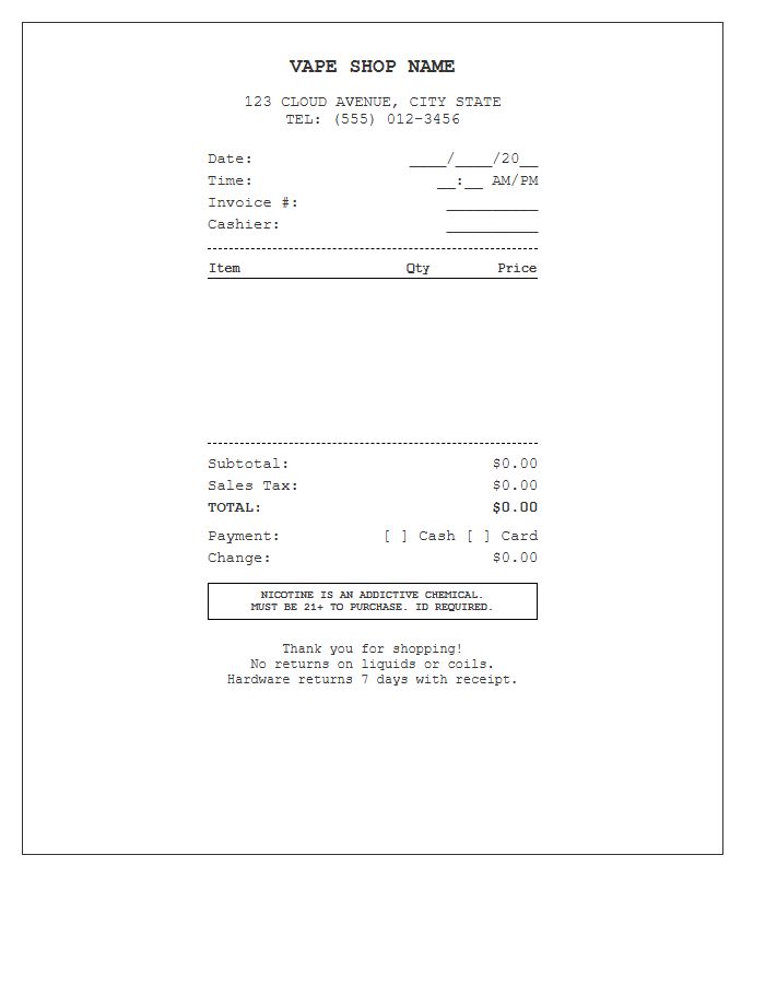 Vape Shop Point Of Sale Invoice Template