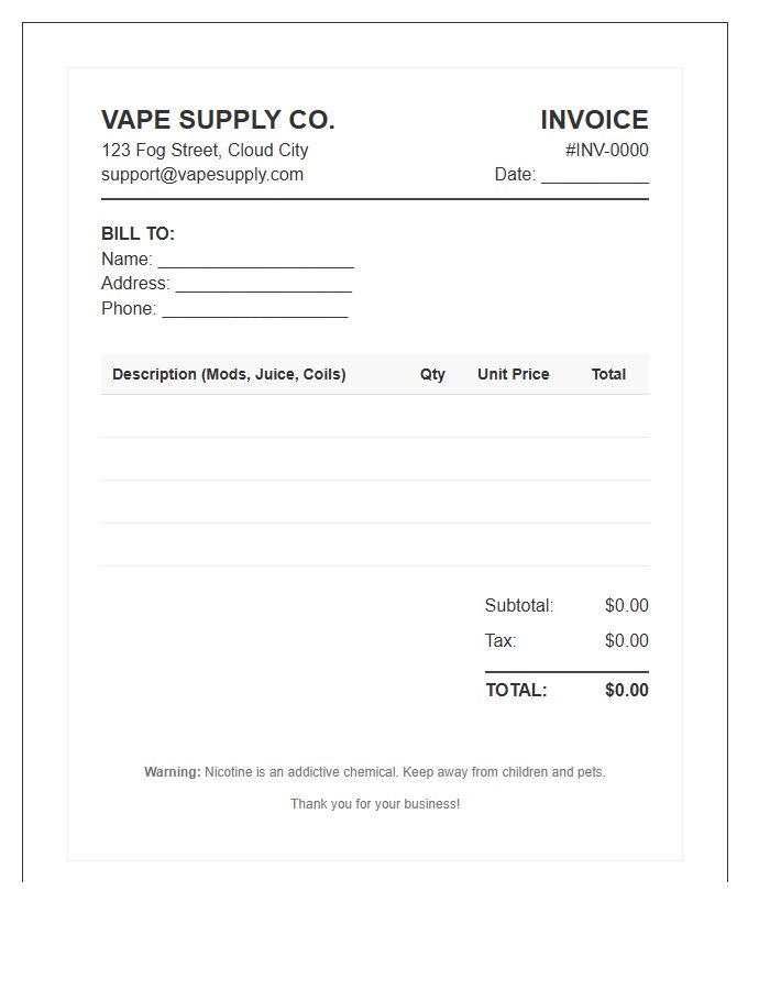 Vape Supply Shop Invoice Template