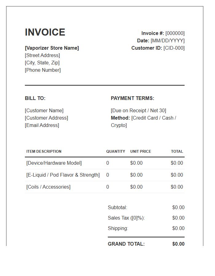 Vaporizer Retail Store Invoice Template