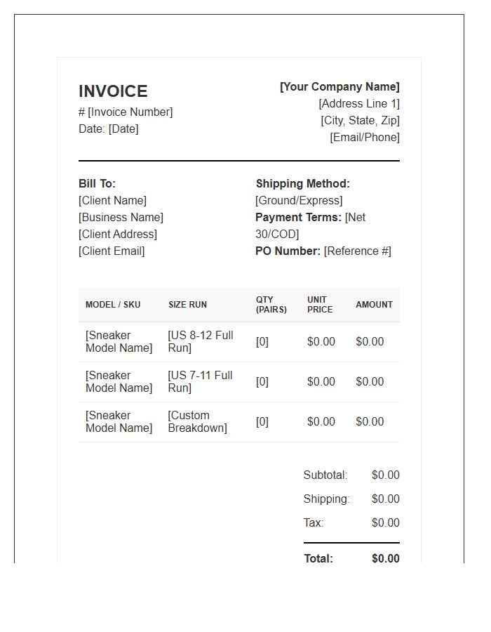 Bulk Sneaker Order Invoice Template