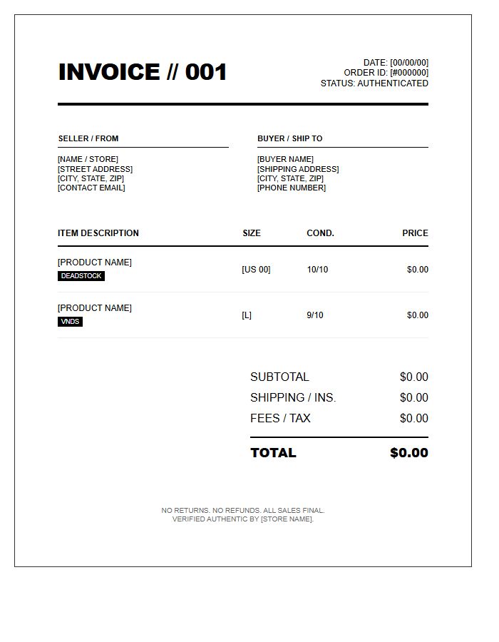 Hypebeast Streetwear Resale Invoice Template