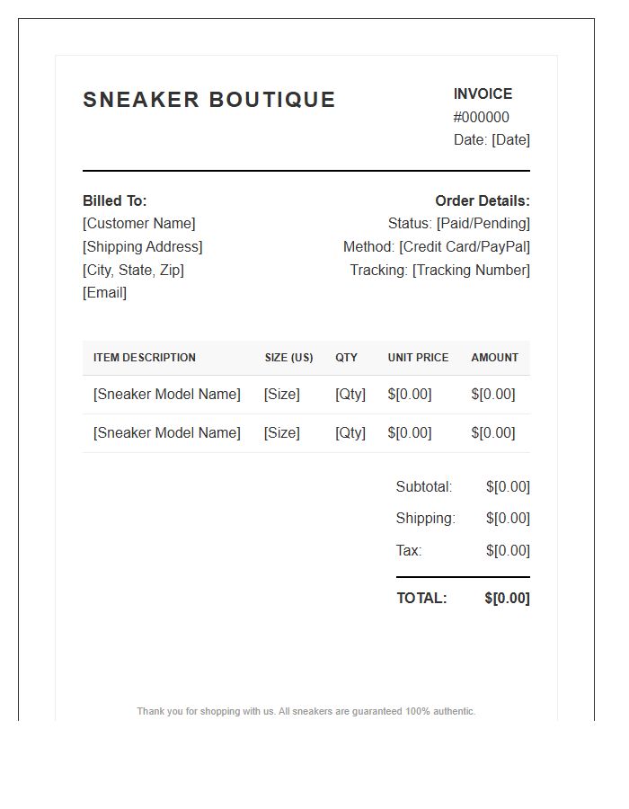 Online Sneaker Boutique Invoice Template