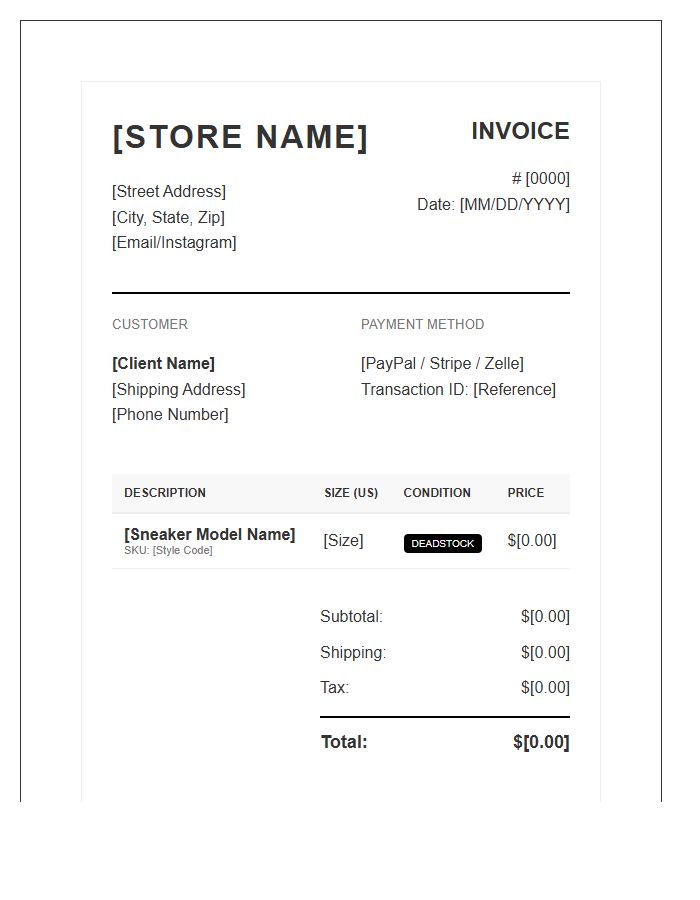 Professional Sneaker Seller Invoice Template