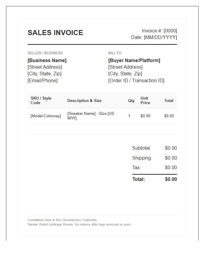 Retail Arbitrage Sneaker Invoice Template