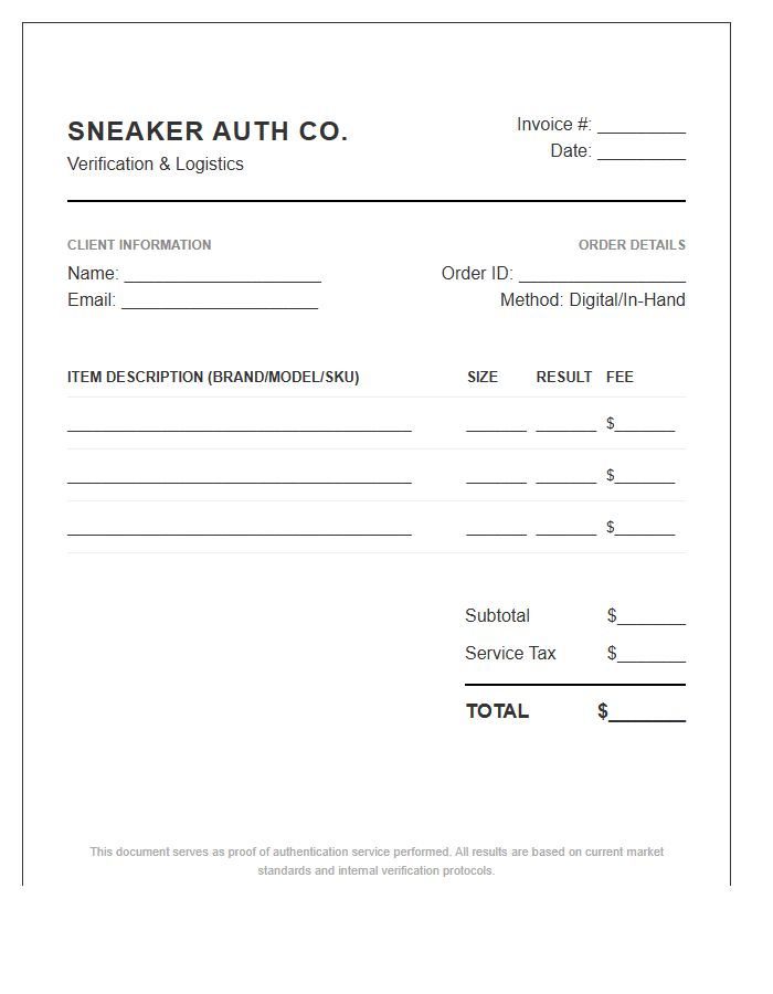Sneaker Authentication Service Invoice Template
