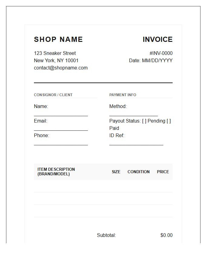 Sneaker Consignment Shop Invoice Template