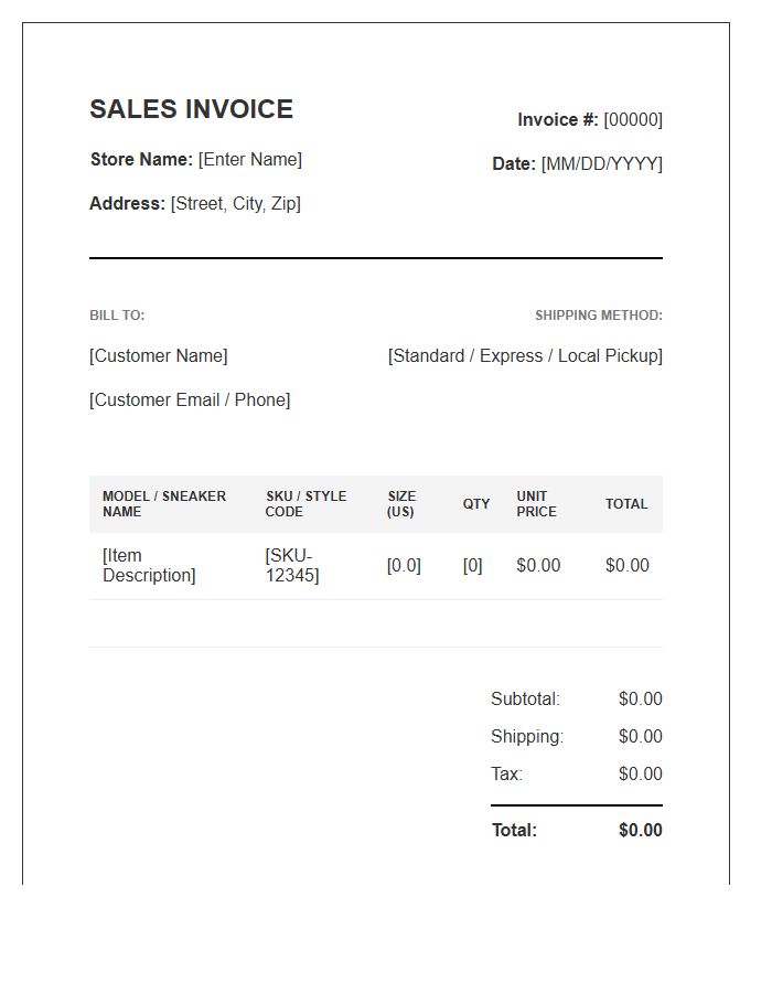 Sneaker Inventory Sales Invoice Template