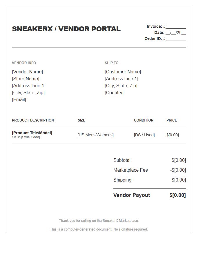Sneaker Marketplace Vendor Invoice Template