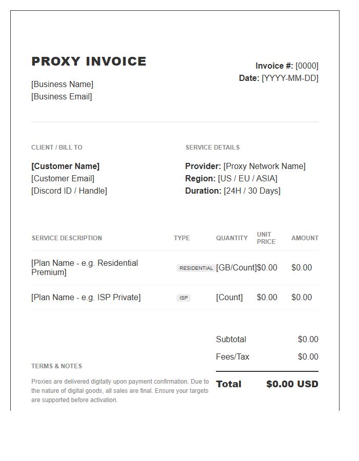 Sneaker Proxy Service Invoice Template