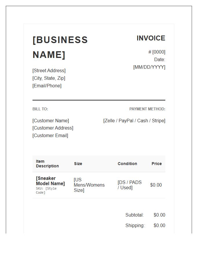 Sneaker Resale Business Invoice Template