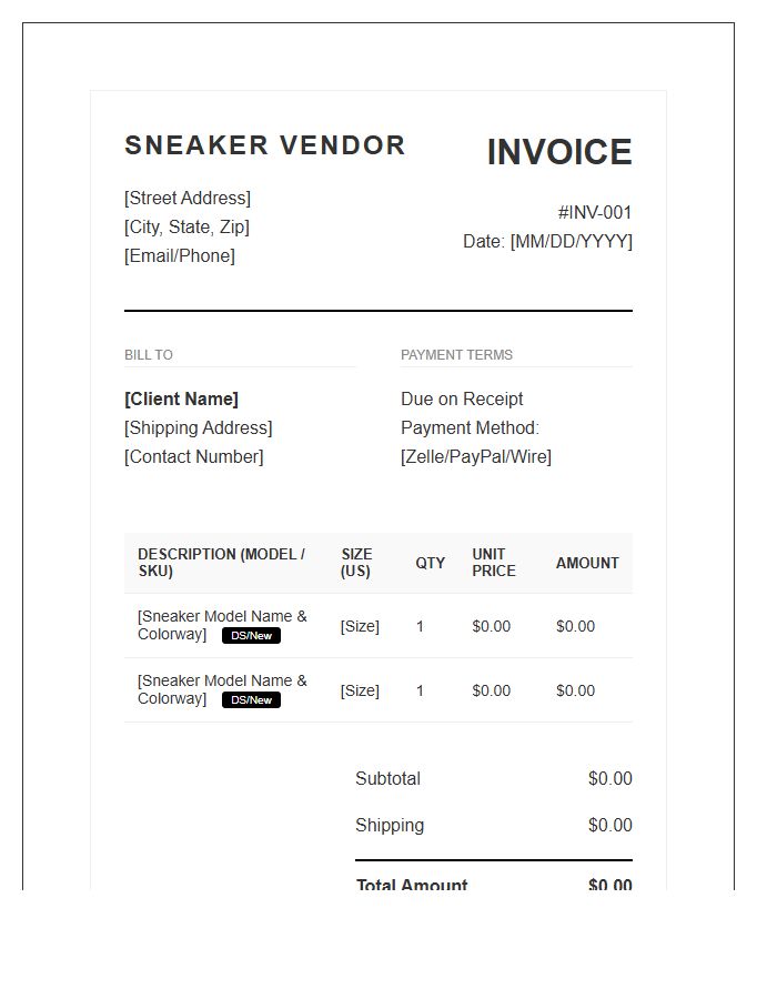 Sneaker Vendor Business Invoice Template