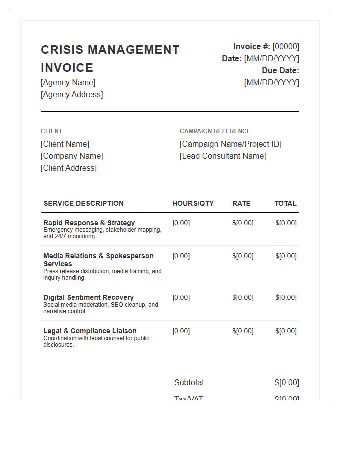 Crisis Management Campaign Invoice Template
