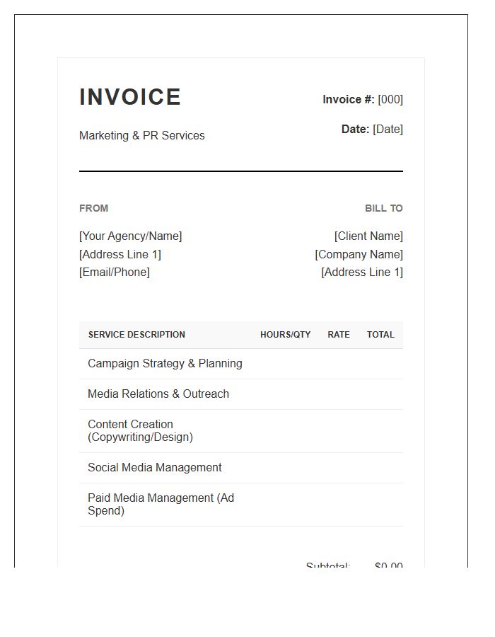 Integrated Marketing PR Invoice Template