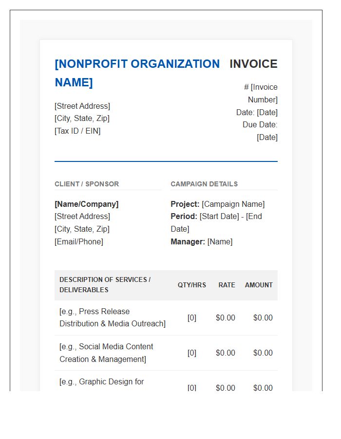 Nonprofit PR Campaign Invoice Template