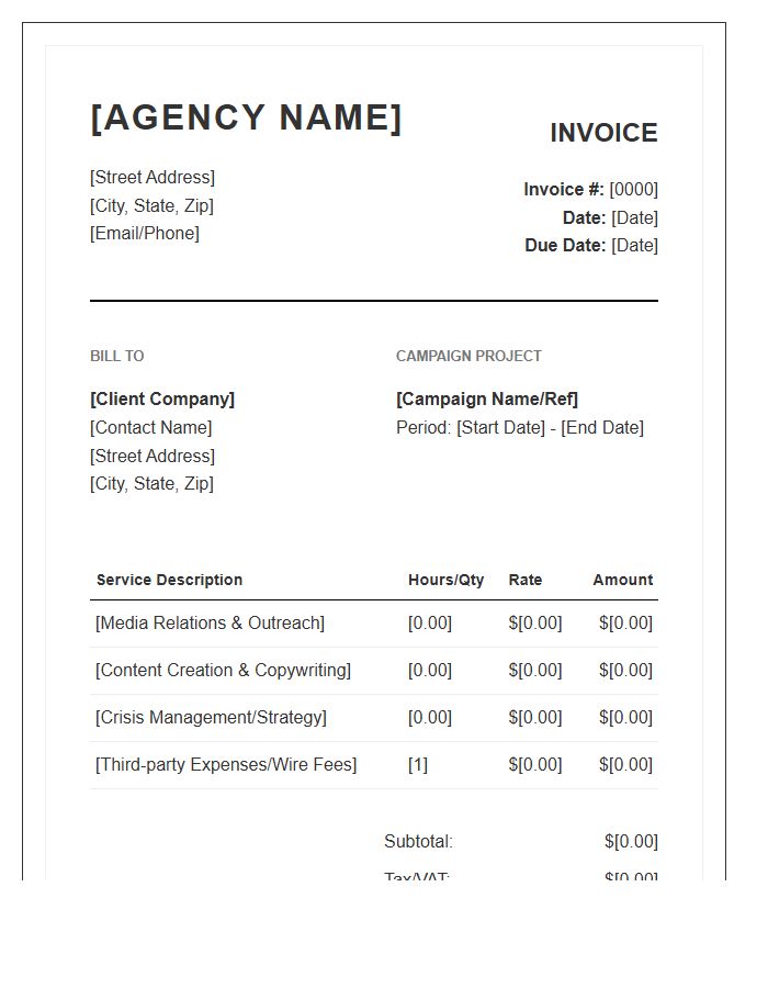 PR Agency Campaign Invoice Template