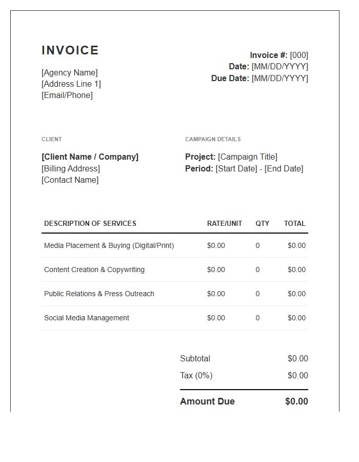 Publicity Campaign Billing Invoice Template