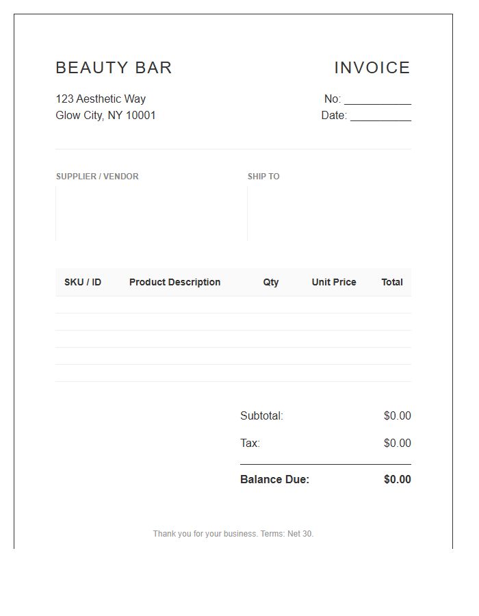 Beauty Bar Inventory Invoice Template