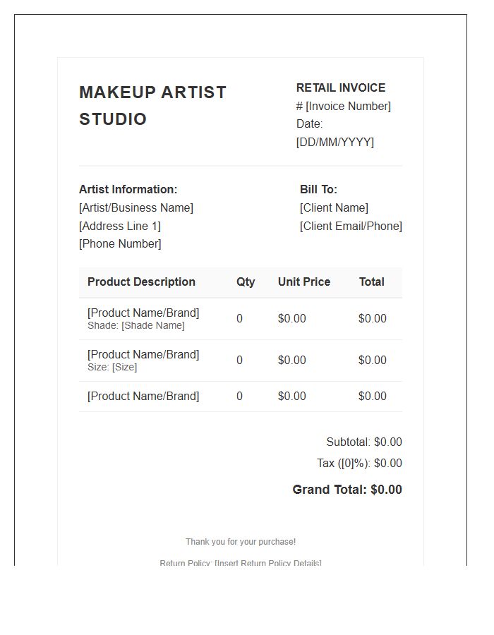 Makeup Artist Product Retail Invoice Template