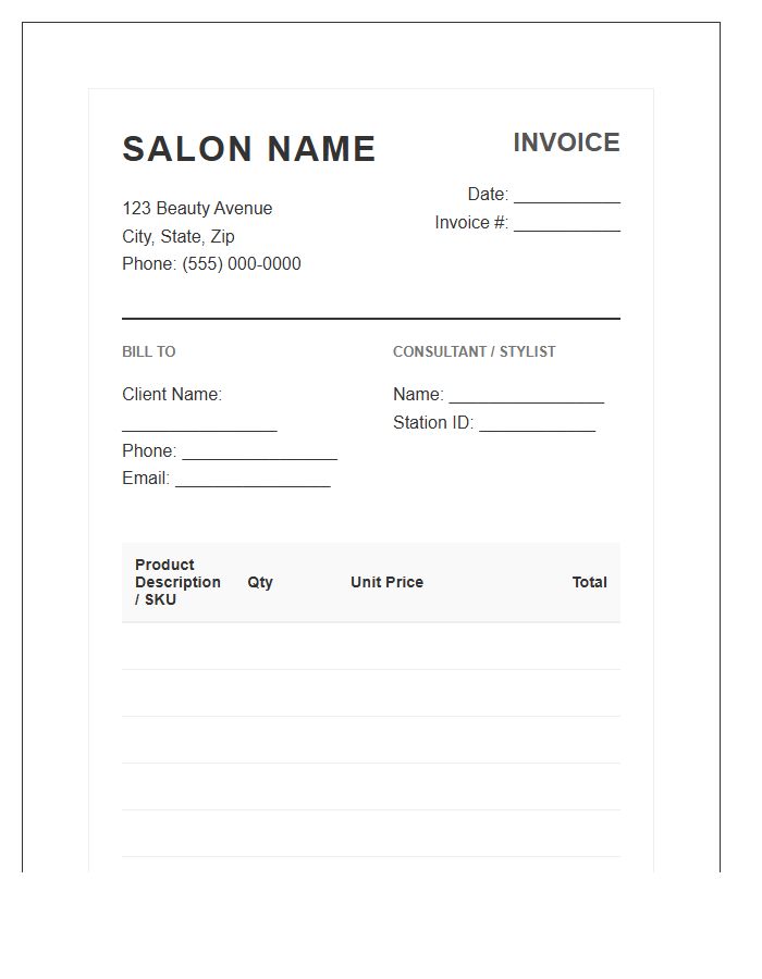 Professional Salon Product Sales Invoice Template