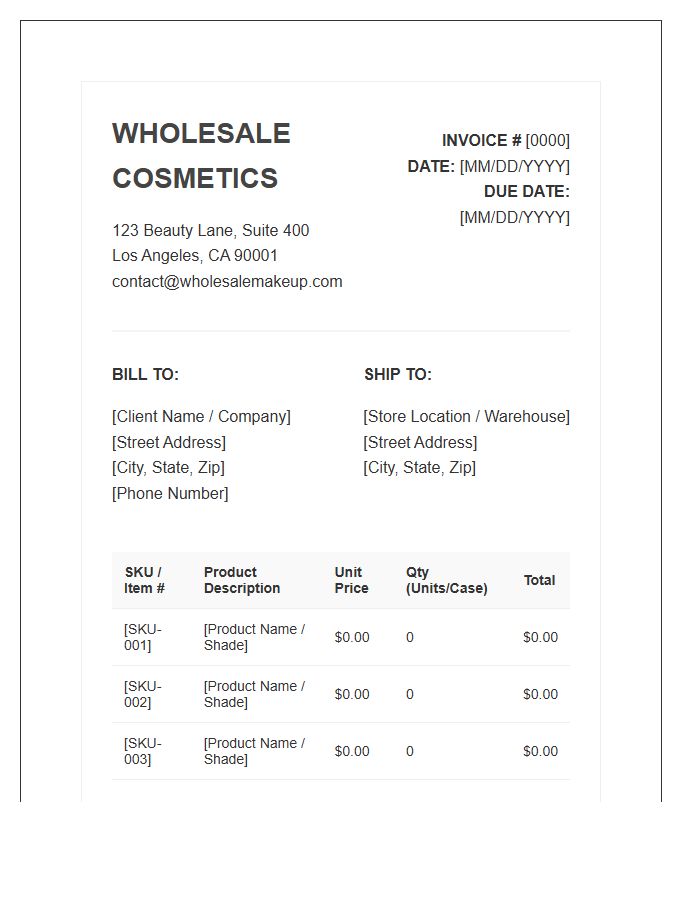 Wholesale Makeup Supplier Invoice Template