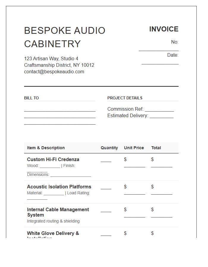 Bespoke Audio Cabinetry Sales Invoice Template