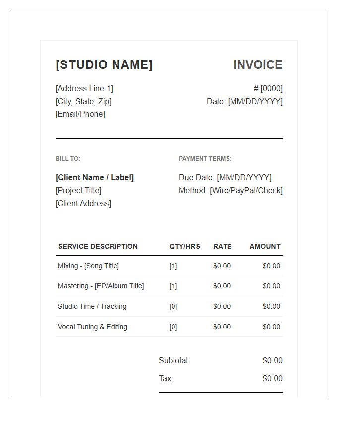 Custom Audio Engineering Services Invoice Template