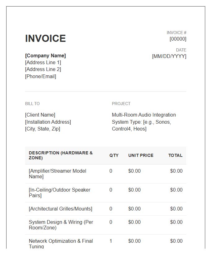 Multi Room Audio System Integration Invoice Template