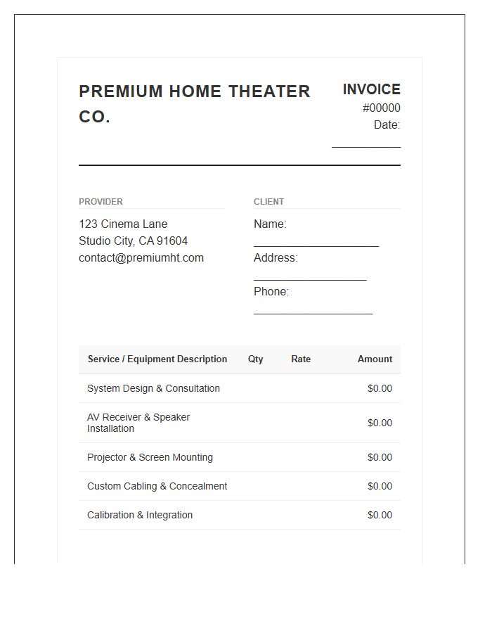 Premium Home Theater Installation Invoice Template