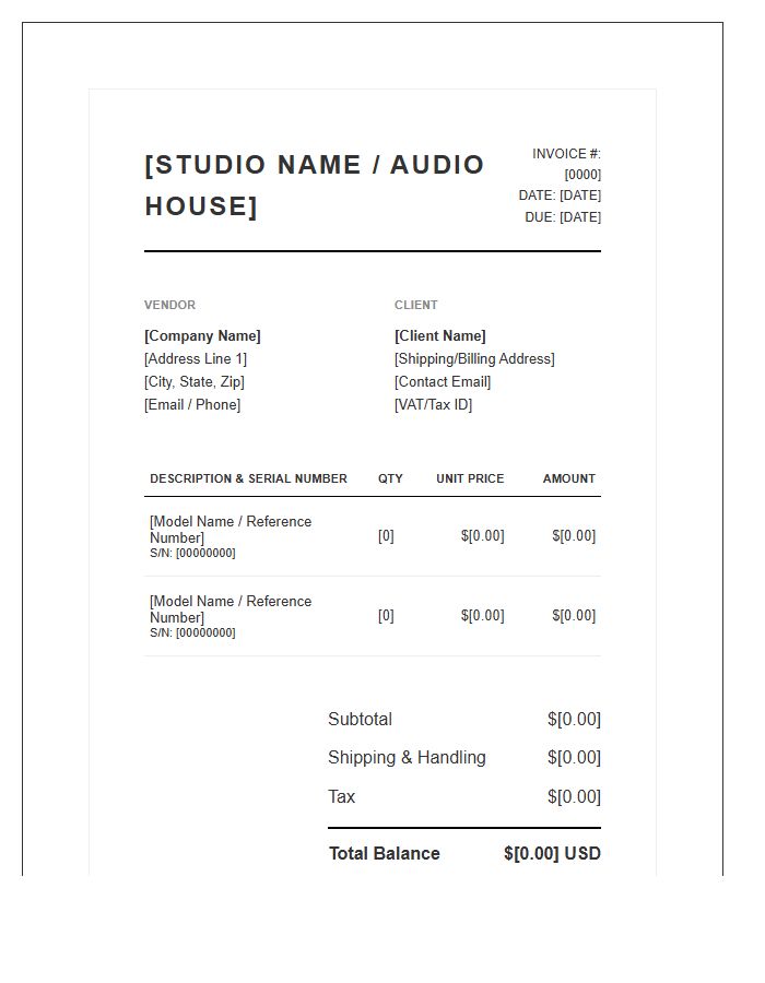 Professional High End Audio Equipment Sales Invoice Template
