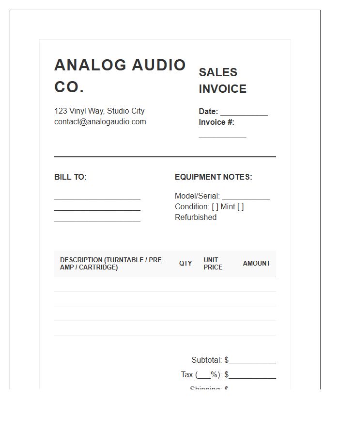 Turntable And Analog Audio Sales Invoice Template