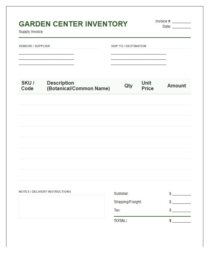 Garden Center Inventory Supply Invoice Template