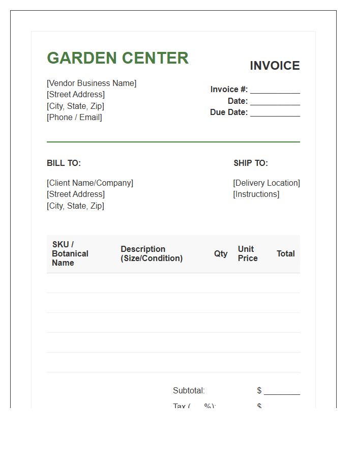 Garden Center Vendor Invoice Template
