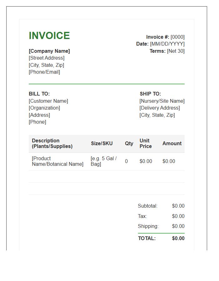 Horticultural Supply Invoice Template