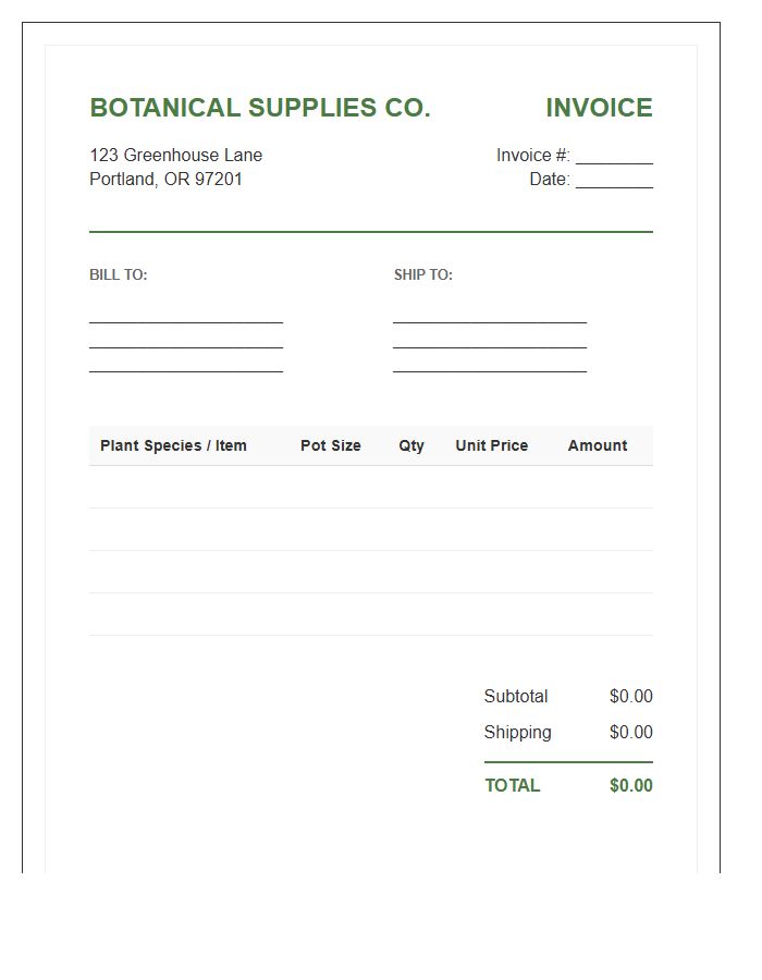 Potted Plant Supply Invoice Template
