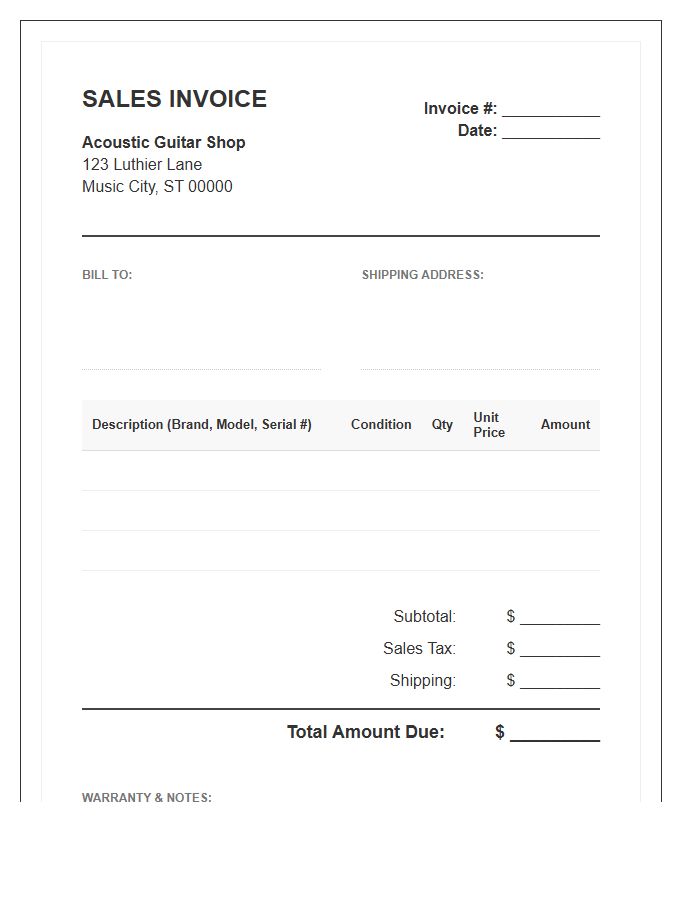 Acoustic Guitar Sales Invoice Template