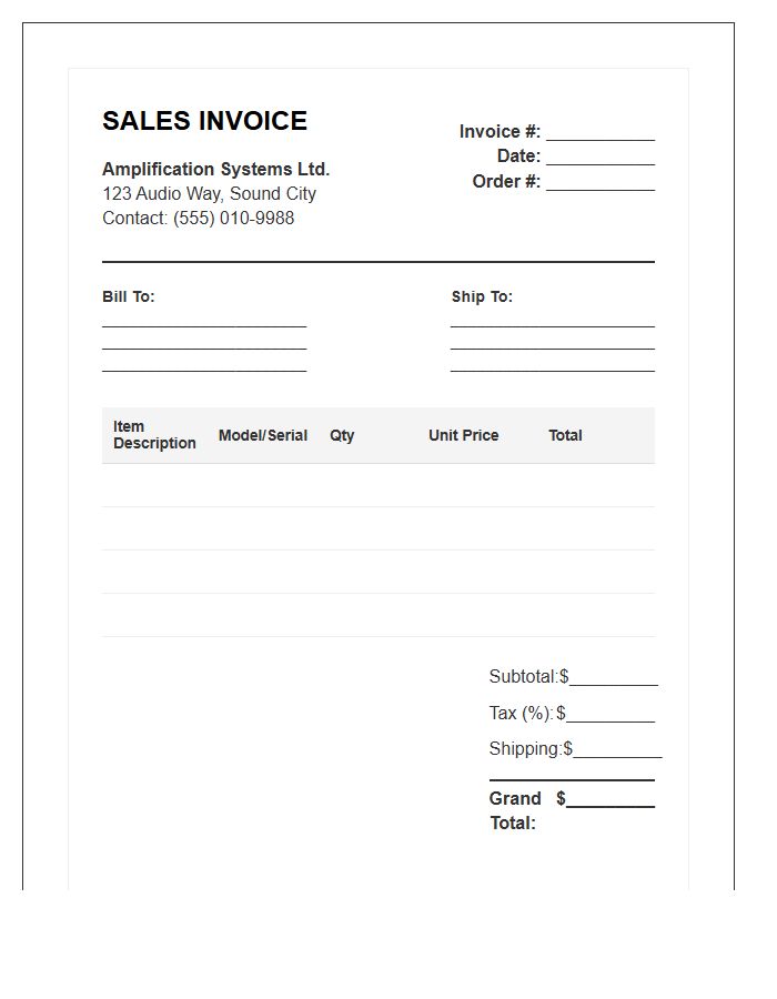 Amplification System Sales Invoice Template