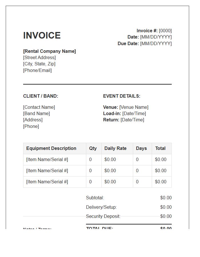 Band Equipment Rental Invoice Template