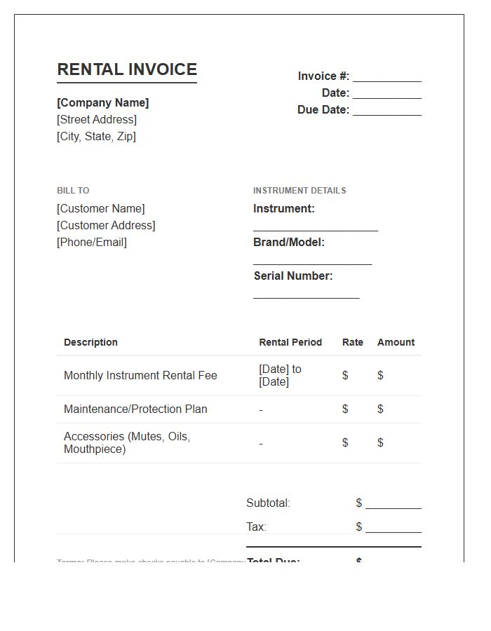Brass Instrument Rental Invoice Template