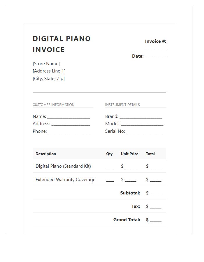 Digital Piano Warranty Invoice Template