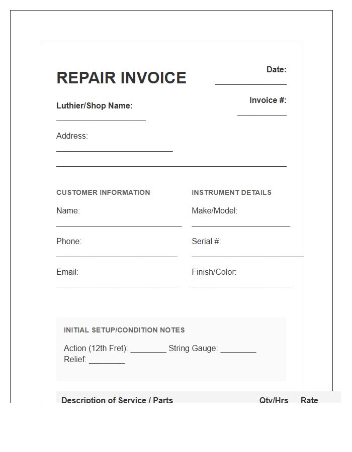 Electric Guitar Repair Invoice Template