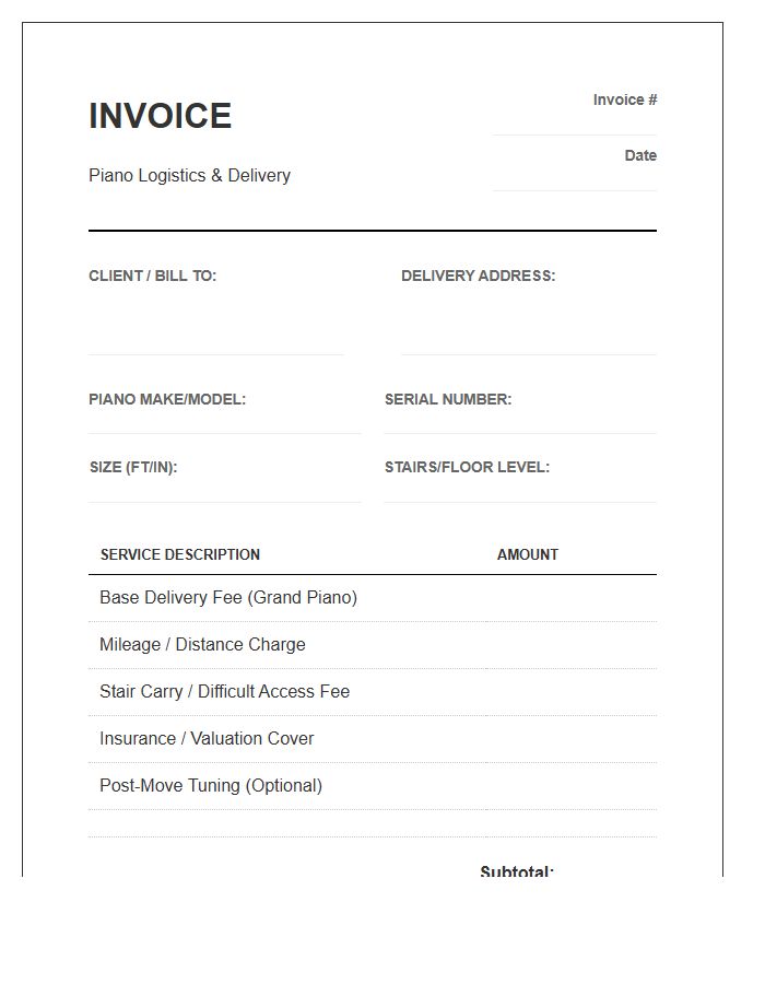 Grand Piano Delivery Invoice Template