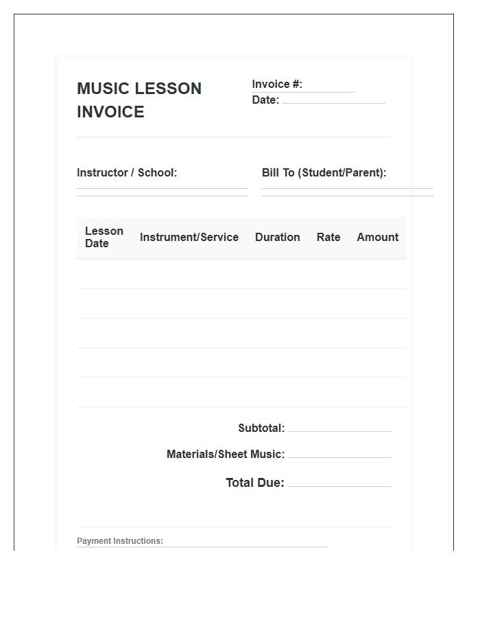 Music Lesson Monthly Invoice Template